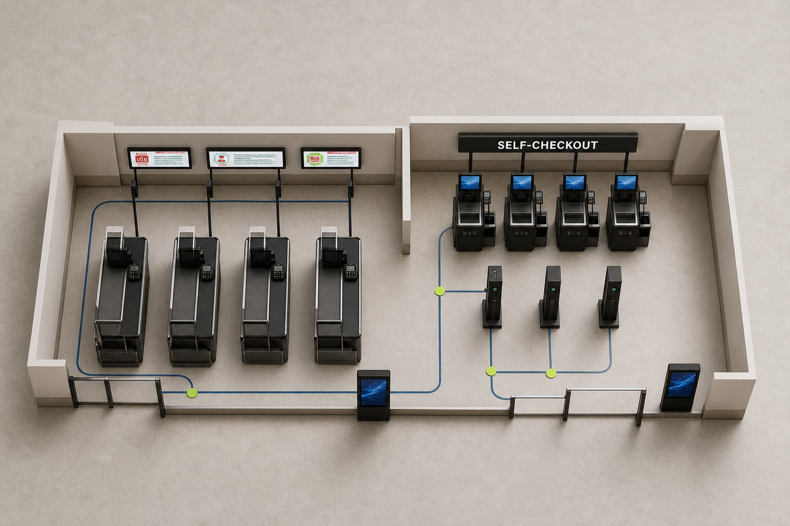 Illustrazione delle tecnologie per cassa e self-checkout